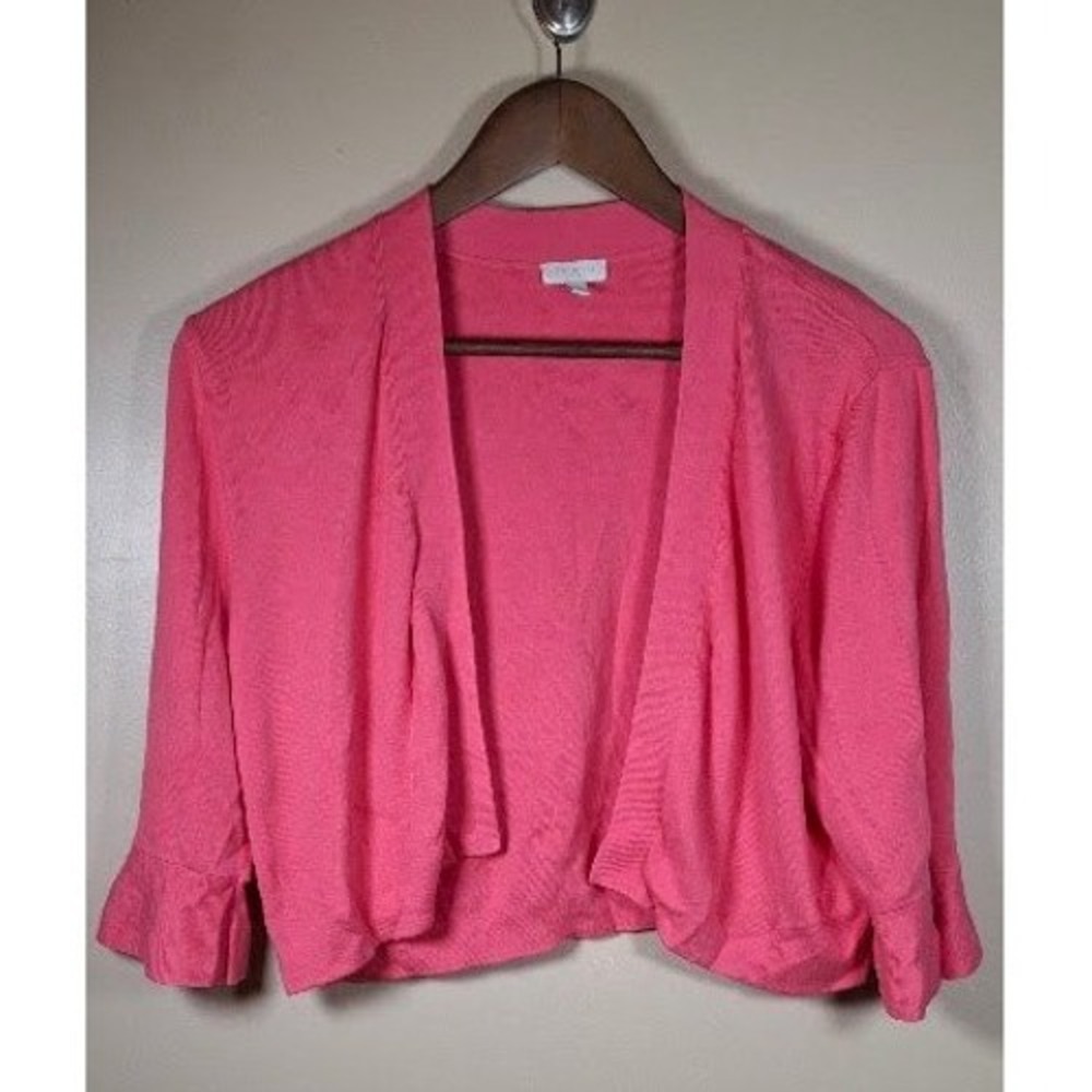Talbots Pink Shrug Cardigan Ruffle Cuff Open Front Cropped Sweater Womens Large